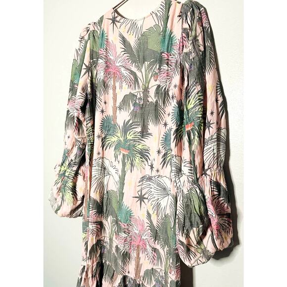 LoboRosa Pink Floral Puff Sleeve Palms Button Front Up Dress Size Large - Picture 6 of 16